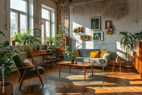 The modenr boho interior of living room in cozy apartment with design coffee table, gray sofa, wooden cube honey yellow pillow, desk, green armchair, plants and elegant accessories. Modern home decor. photo