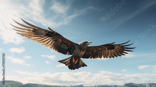 a bird in flight against the backdrop of a clear, expansive sky.