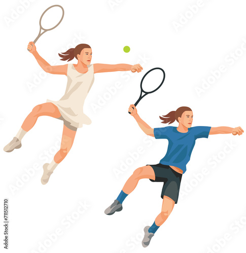 Two figures of a high-jumping girl tennis player in a white and blue uniform receiving a ball © ivnas