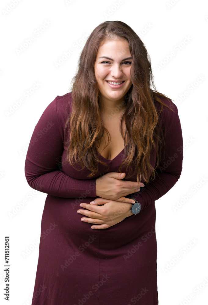 Beautiful and attractive plus size young woman wearing a dress over isolated background Smiling and laughing hard out loud because funny crazy joke. Happy expression. Beautiful and attractive plus size young woman wearing a dress over isolated background Smiling and laughing hard out loud because funny crazy joke. Happy expression.