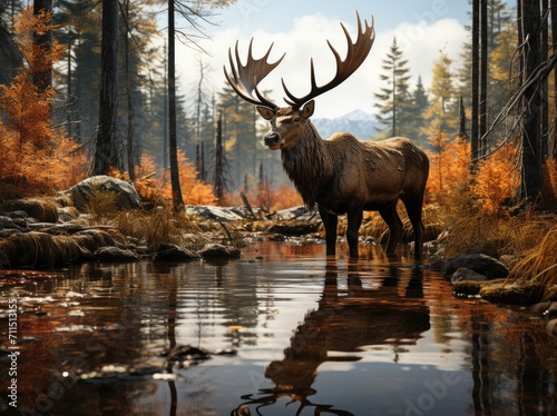 A majestic moose stands tall in the shimmering river, its antlers reflecting the vibrant colors of autumn amidst the tranquil beauty of nature