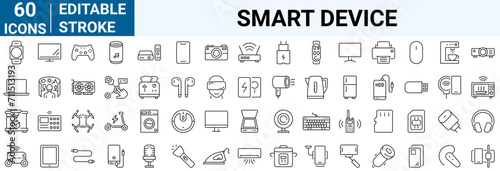Smart device web line icons. Gadgets . Personal Devices Related Vector Line Icons. Tablet, laptop, phone, console, Smart Watch and more. Editable Stroke.