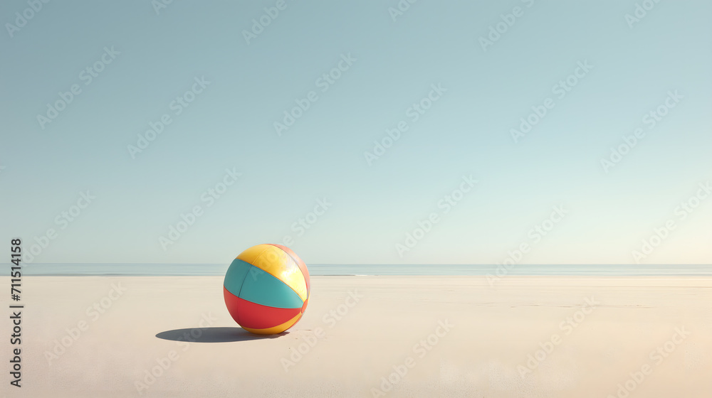Obraz premium a single, brightly colored beach ball resting on the smooth, sunlit sand of a tranquil beach
