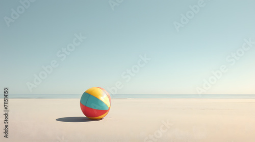 a single, brightly colored beach ball resting on the smooth, sunlit sand of a tranquil beach