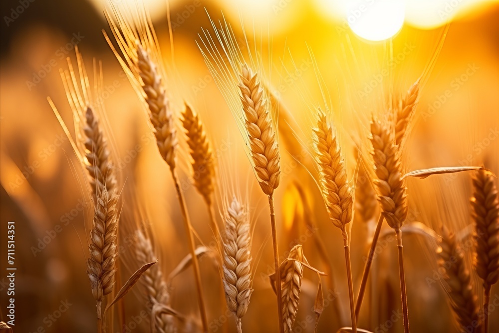 Beautiful autumn wheat field. golden ears harvesting in vibrant sunset light - macro banner format Beautiful autumn wheat field. golden ears harvesting in vibrant sunset light - macro banner format