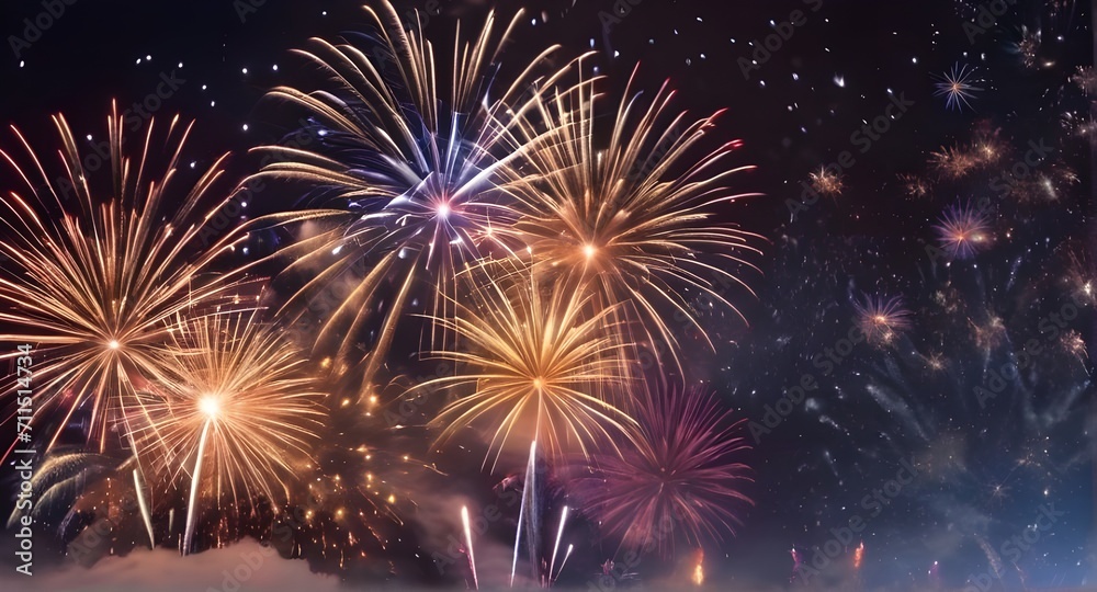 Naklejka premium festive fireworks explosionson dark background