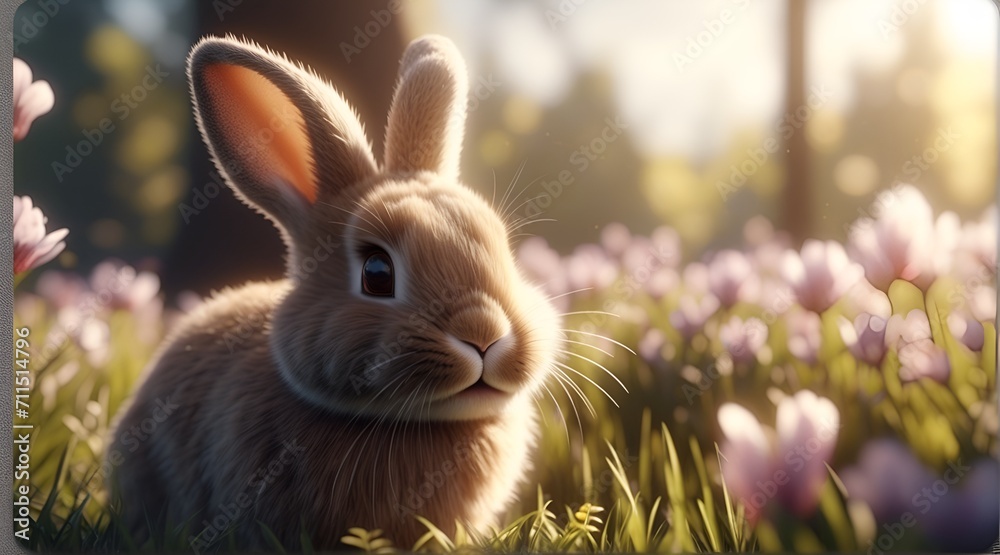 cute easter bunny rabbit, green meadow with flowers springtime background. seasonal holiday concept. - obrazy, fototapety, plakaty 