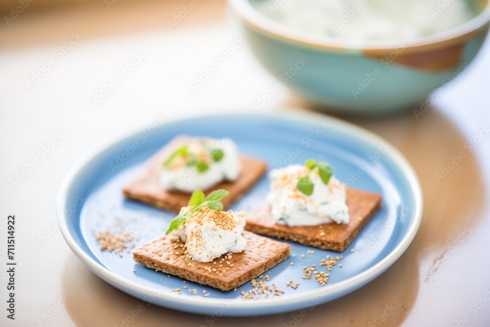 rye crackers with ricotta, sprinkle of cinnamon, porcelain plate
