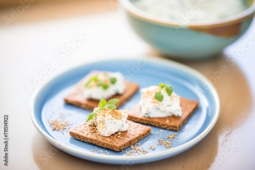 rye crackers with ricotta, sprinkle of cinnamon, porcelain plate