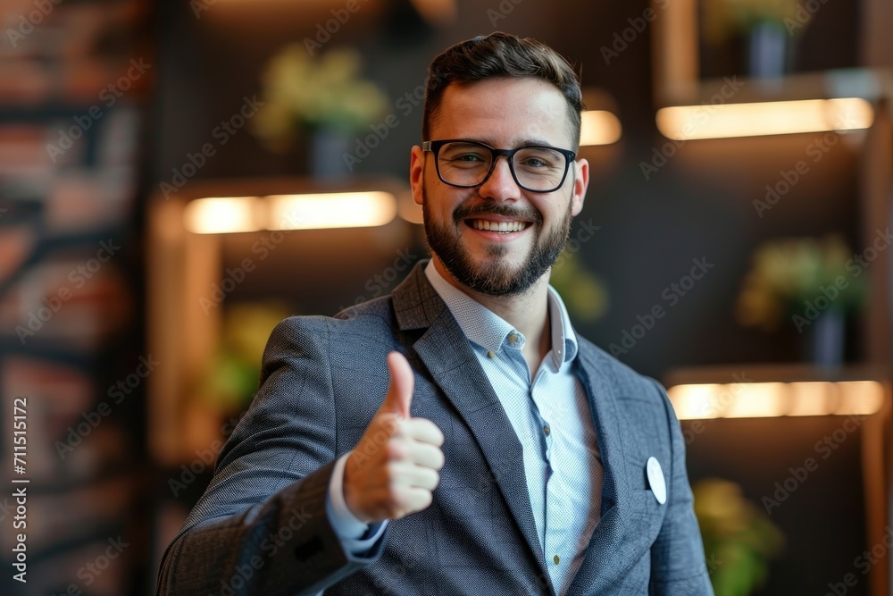 Confident smiling entrepreneur man in a suit with thumbs up Confident smiling entrepreneur man in a suit with thumbs up