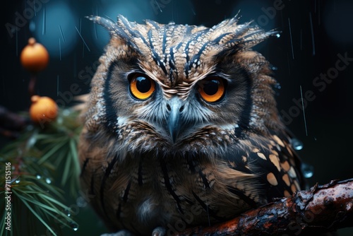 A majestic screech owl perches on a sturdy branch, its sharp eyes scanning the outdoor world with quiet wisdom and grace