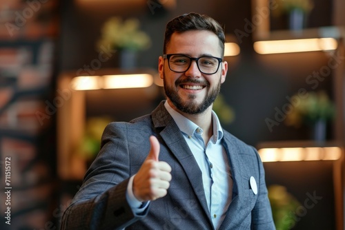 Confident smiling entrepreneur man in a suit with thumbs up © piai