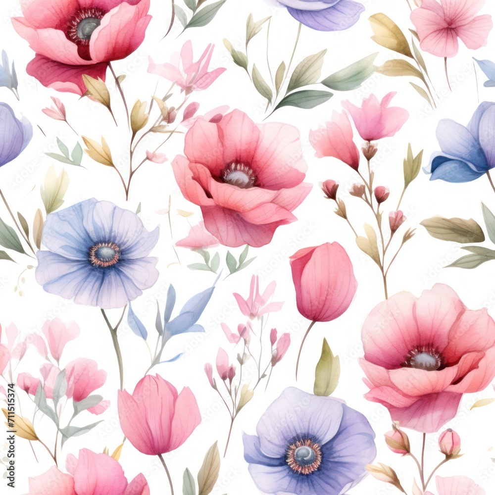 Watercolor floral seamless pattern. Repeating pattern for wallpaper, fabric, packaging design.