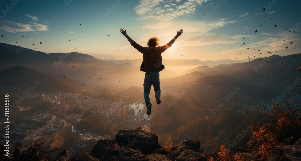 A lone figure leaps into the sky, silhouetted against the setting sun, embodying the exhilaration of an outdoor adventure in the rugged mountain landscape