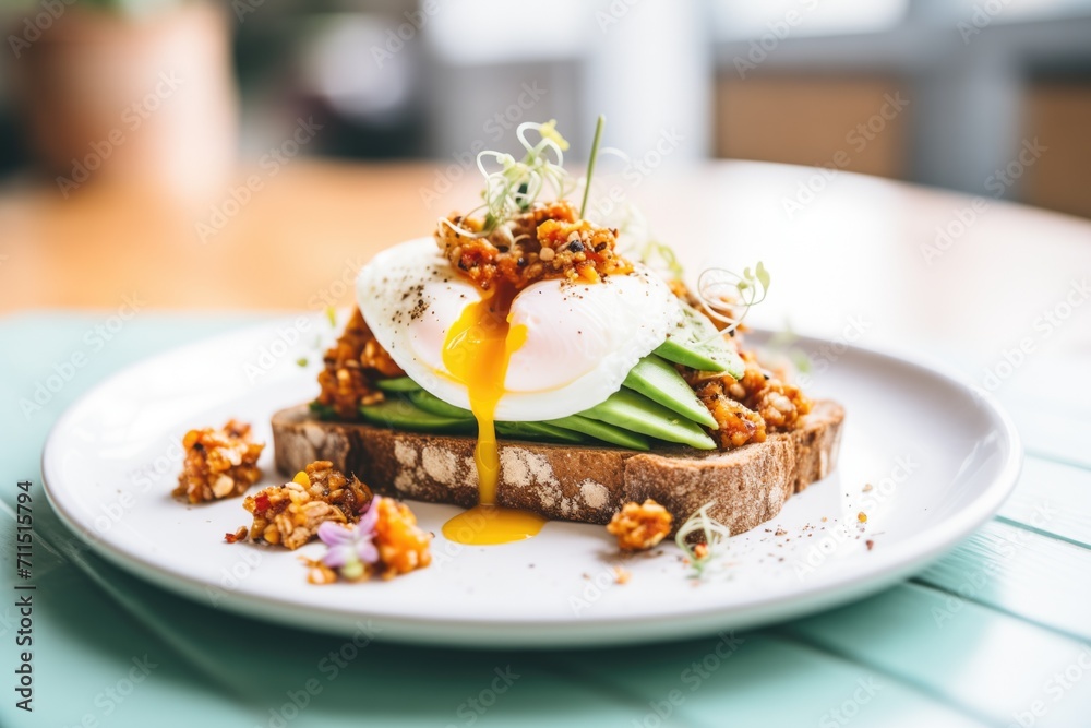 sprouted grain bread with avocado and poached egg