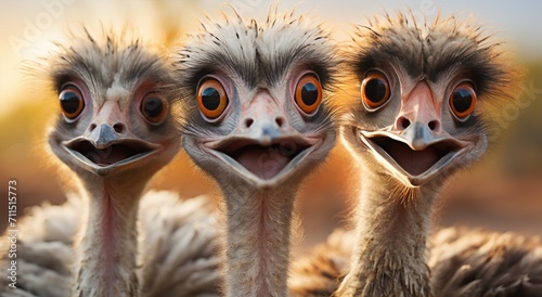 A flock of ostriches huddle together, their beaks and feathers blending into a sea of casuariiformes, their wild eyes peering out into the vast outdoor expanse