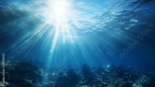 Underwater sea - Blue Abyss With Sunlight - Diving And Scuba Background - Generative AI © Huzaifa