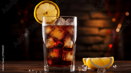Refrigerante de coca no copo com uma laranja  photo
