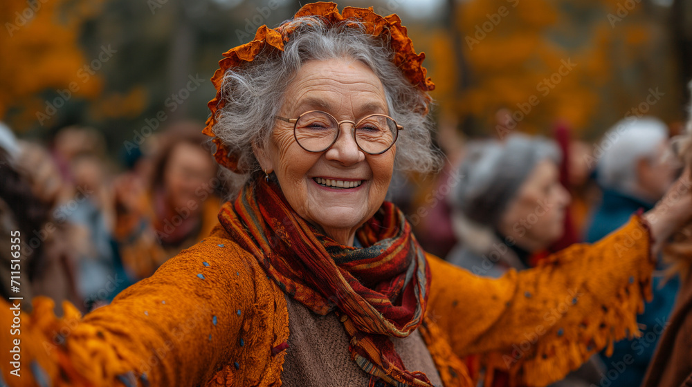 Joyful Dance Across Generations: Elderly Woman Dancing in the Park