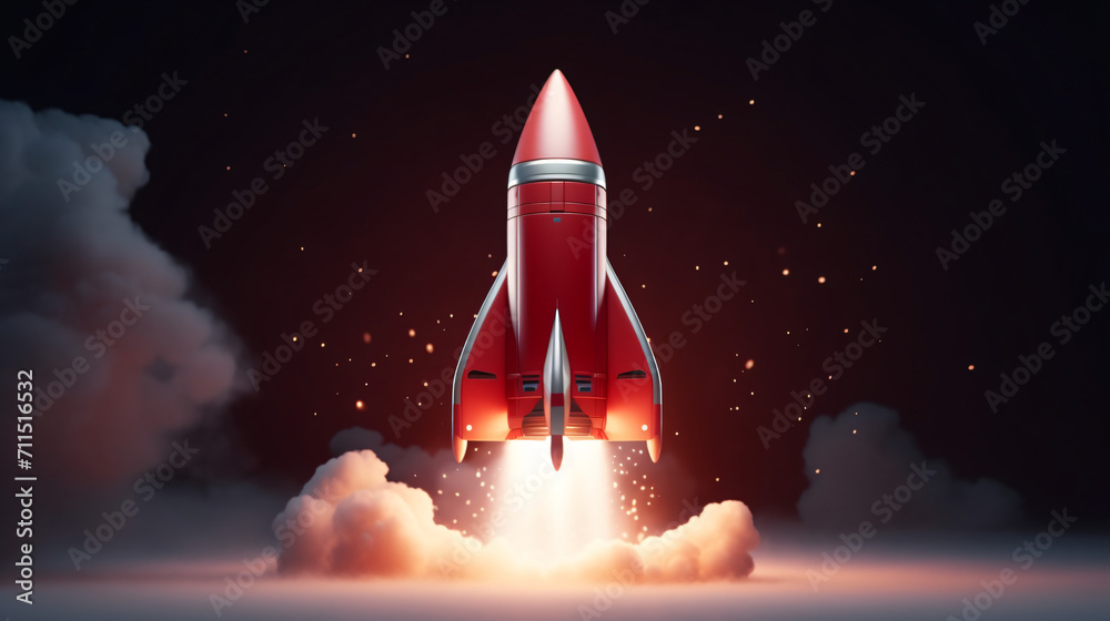 3D render Illustration of red rocket for startup bus
