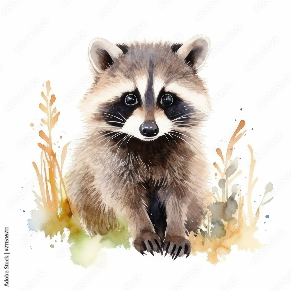 Watercolor drawing of a raccoon in the grass on a white background. Wild animal illustration. Printable print.
