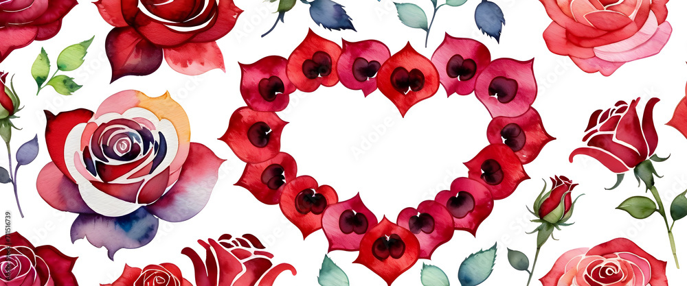 Rose flower illustration drawn on a white background. A heart shape made of flower petals.
