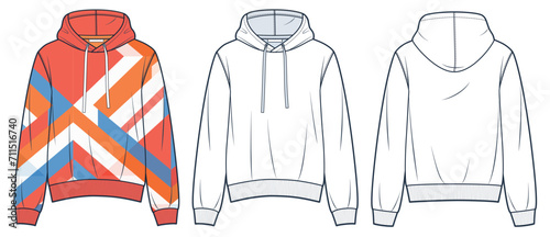 Hoodie technical fashion illustration, geometric design. Sweatshirt fashion flat technical drawing template, relaxed fit, front, back view, white, orange color, women, men, unisex Top CAD mockup set.