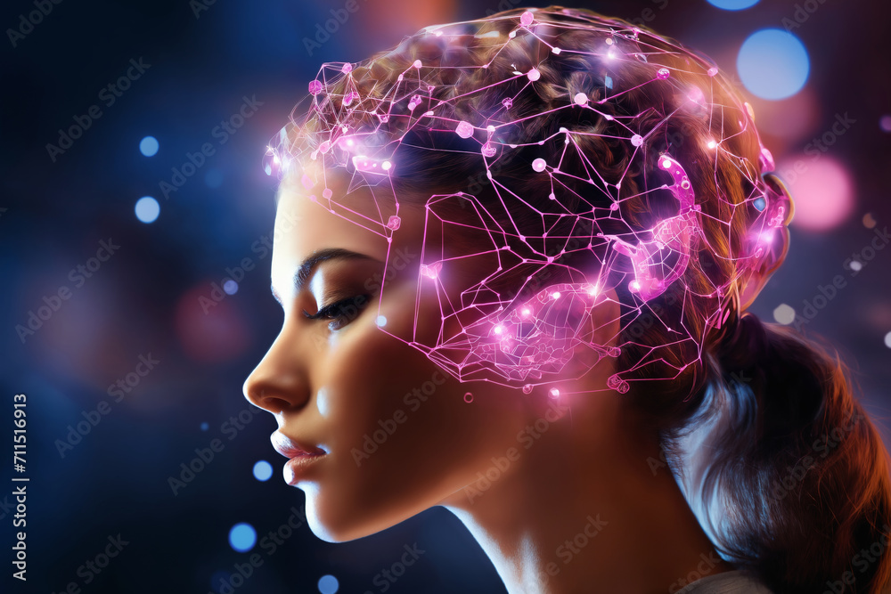 a woman with pink holography lights particles around her head and a magenta bokeh lights background, cybernetics, computer rendering, sci-fi, cyber art a woman with pink holography lights particles around her head and a magenta bokeh lights background, cybernetics, computer rendering, sci-fi, cyber art