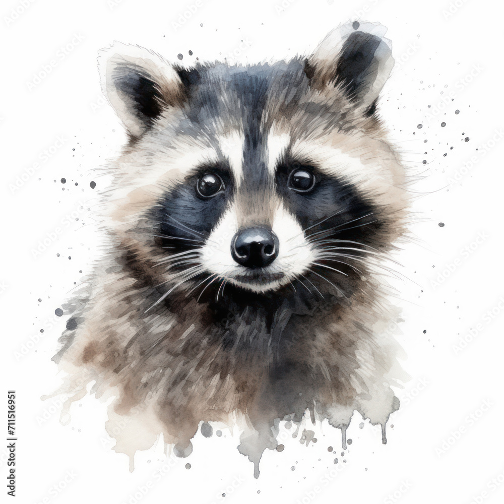 Obraz premium Watercolor drawing of a raccoon in the grass on a white background. Wild animal illustration. Printable print.