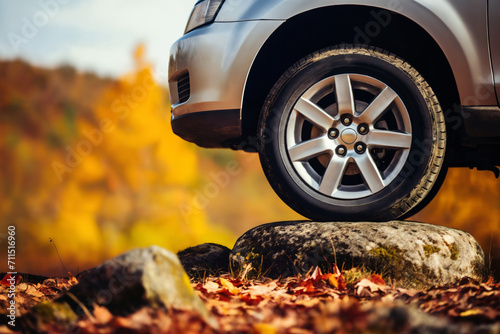 autumn off road with yellow leaves and a car wheel on a stone, beautiful autumn nature