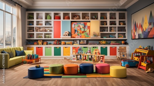 a child's playroom, filled with colorful storage units, playful seating, and educational toys, radiating an atmosphere of youthful joy and imagination, where learning meets fun in every corner. © Khan