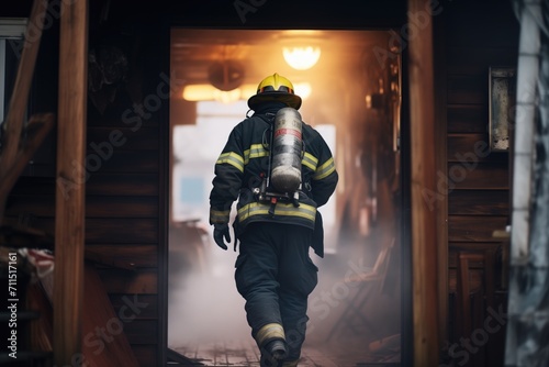 a lone firefighter entering a smokefilled burning house © studioworkstock