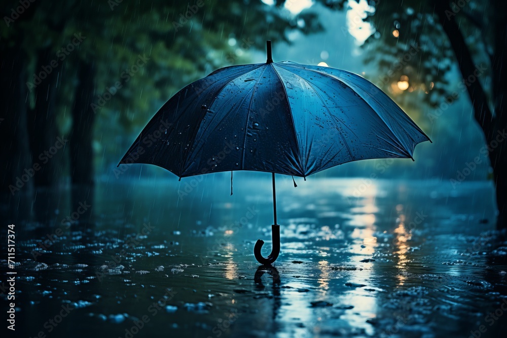Blue umbrella in heavy rain. embracing rainy weather concept with nature background