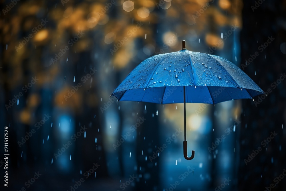 blue umbrella in heavy rain - nature background. Rainy weather and outdoor adventures
