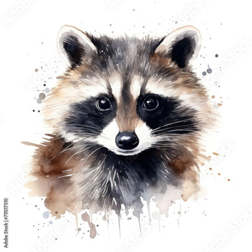Watercolor drawing of a raccoon in the grass on a white background. Wild animal illustration. Printable print.