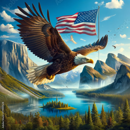 A proud American Bald Eagle in freedom