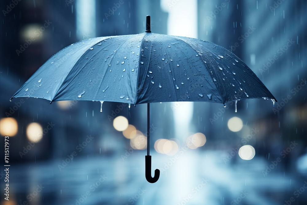 Blue umbrella in rain. Rainy weather concept with nature background. Seeking shelter from downpour.