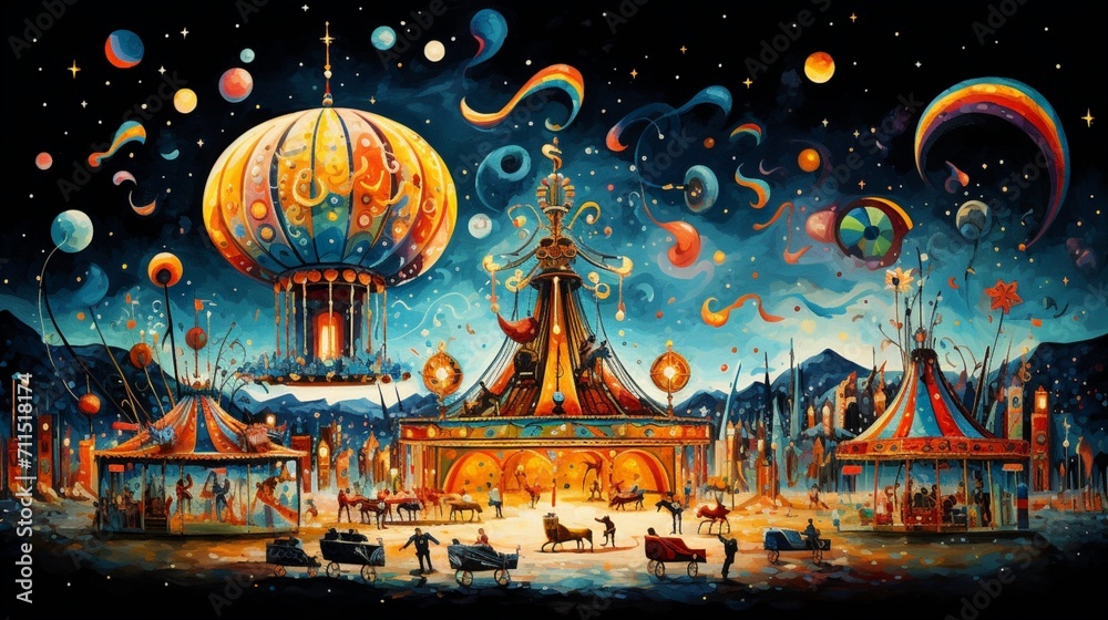 Obraz premium bright rides, lights, carousel mid-spin - Generative AI