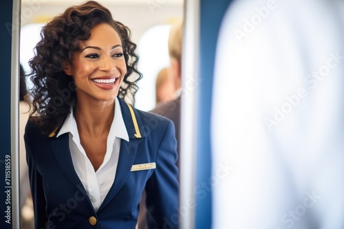 flight attendant greeting passengers at the airplane door