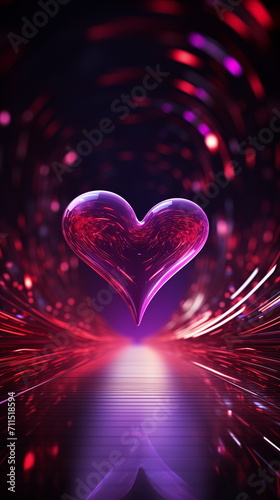 Abstract 3d glossy heart wallpaper in dark violet background, Valentine’s day concept. Generated AI