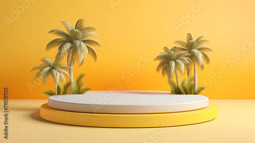 3D stage cylinder podium mockup with palm tree sunny