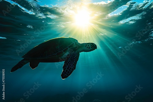 Silhouette of a sea turtle swimming towards the sunlight filtering through the ocean's surface, evoking a sense of freedom and tranquility. © TEERAWAT