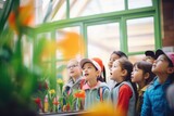 children on an educational tour observing plant life in a conservatory