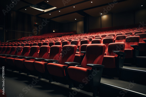 a cinema with red chairs