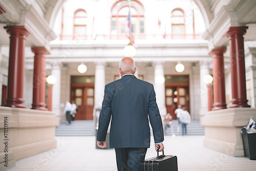 male lawyer carrying a briefcase entering courthouse photo