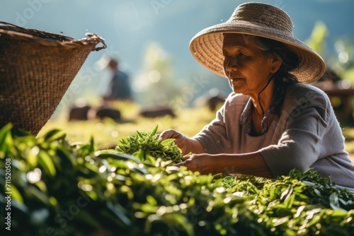 Photo of a farmer picking tea leaves
