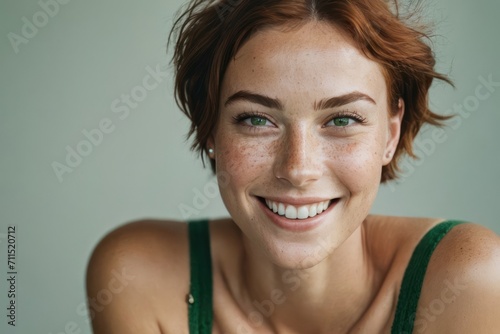 Young beautiful freckles woman with short hair  healthy skin and teeth on a plain background. Close up portrait. Generative AI