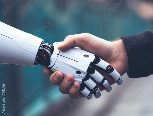 Man and android shake hands photo