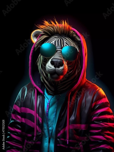 DJ zebra wears sunglasses and a hoodie  with colorful neon lights. generative ai