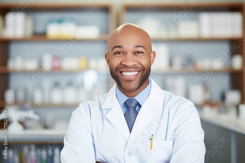 portrait of a pharmacist smiling in front of medicine racks